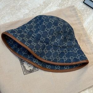 SOLD! Gucci GG Denim leather trim bucket hat